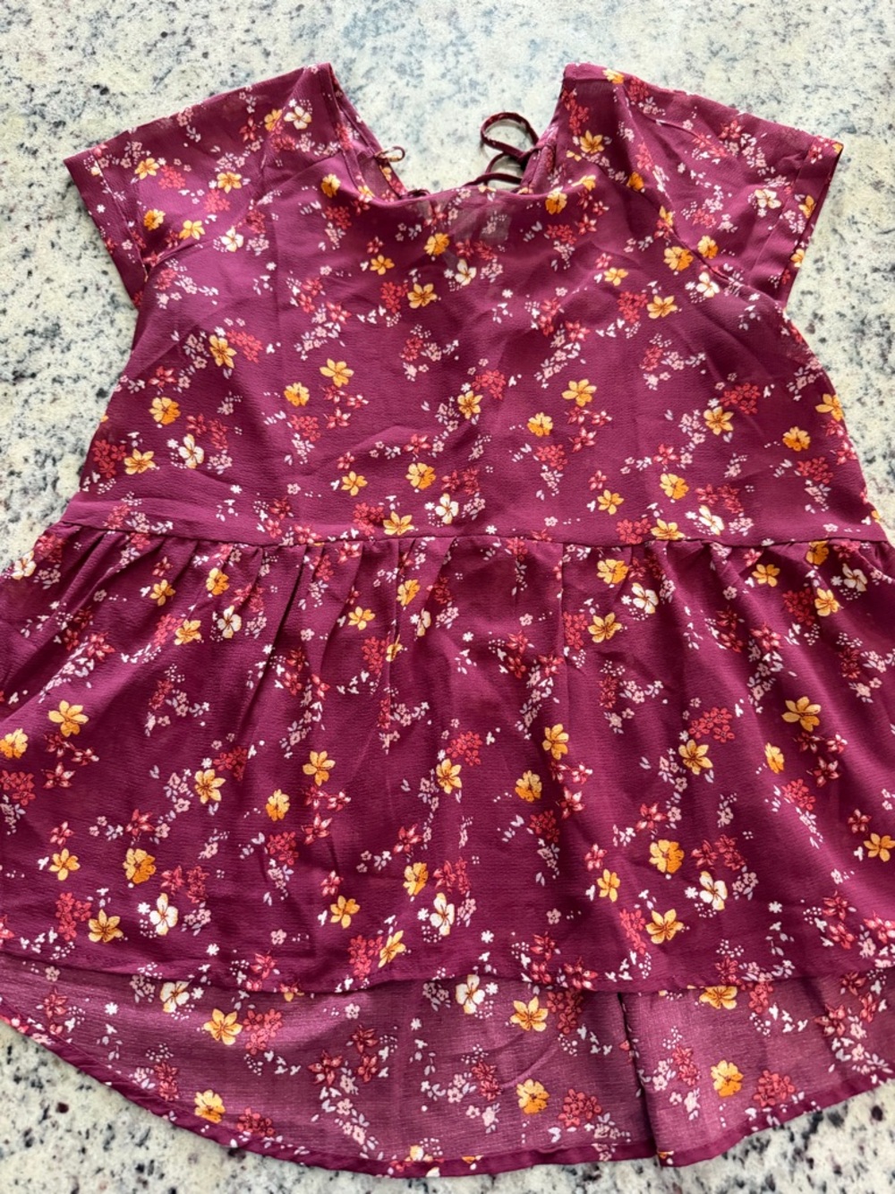 Xhilaration Burgundy Floral Peplum Top with Lace-Up Back